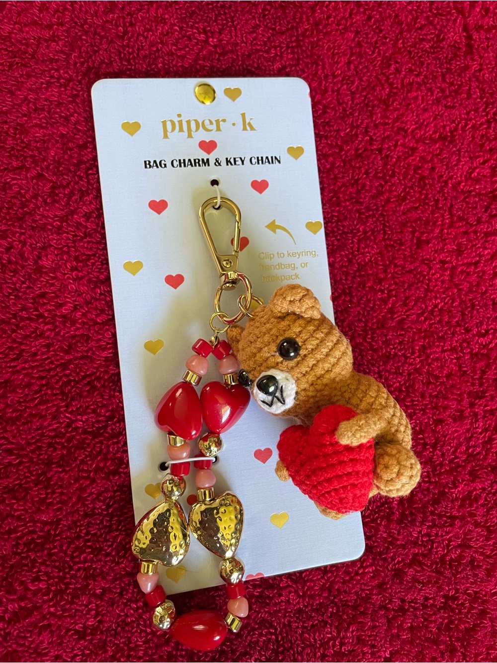 Piper K Teddy Bear & Beaded Hearts Bag Charm or Keychain